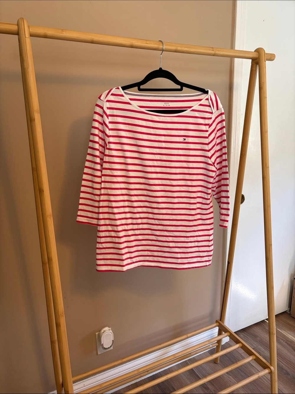 Tommy Hilfiger White and Pink Striped Boatneck Long Sleeve Top